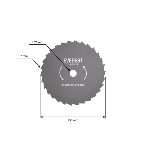 Dickichtmesser Stahl 30 Zähne Größe 255 mm x 25,4 mm x 1,8 mm für Freischneider und Motortrimmer