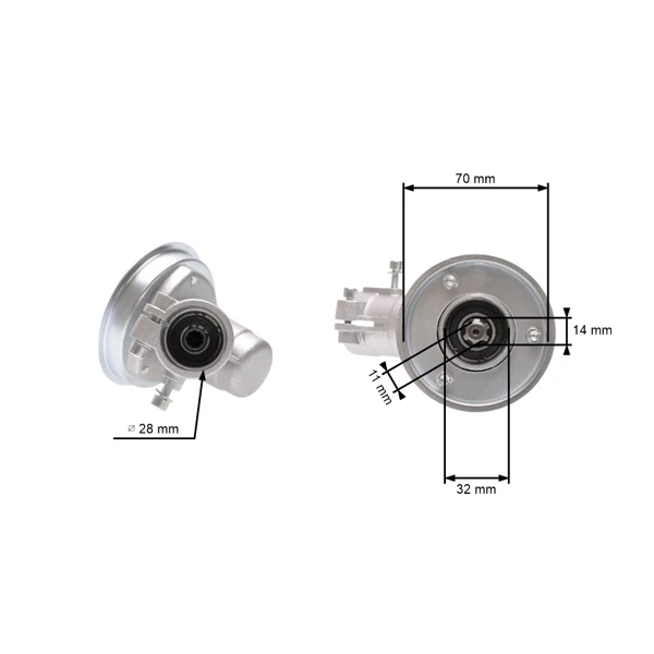 Getriebekopf für chinesische Motorsensen und Motorsensen aus dem Hobbymarkt mit einem Rohrdurchmesser von 28 mm auf einer 9-Zahn-Welle