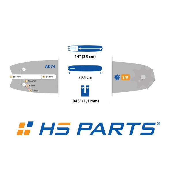 HS PARTS Führungsschiene 14" (35 cm) 3/8" .043" (1,1 mm) für Stihl MSE140 017 018 MS170 MS180 019T HT70 HT101 MS190 E140 MS171 MSA200C
