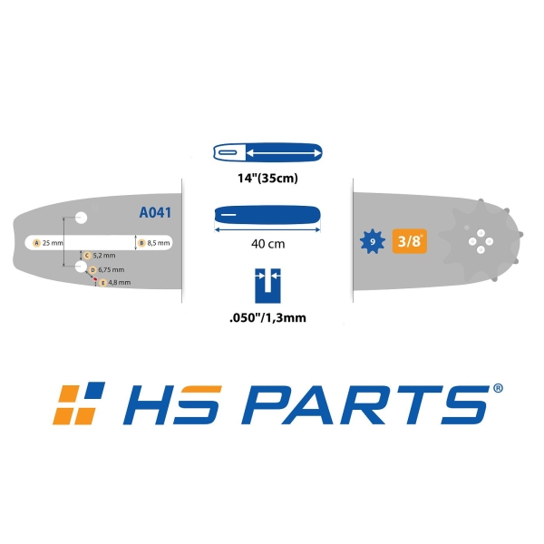 HS PARTS Führungsschiene 14" (35 cm) 3/8" .050" (1,3 mm) + 2 x Sägekette 52 Glieder Vierkantzahn für Partner 350 351 370 P420 Husqvarna T425 E16 E316 E321 Dolmar PS330 PS33 PS34 ES152 Homelite 3300 CS40 Solo 613 Oleomac GS35 GS350 931