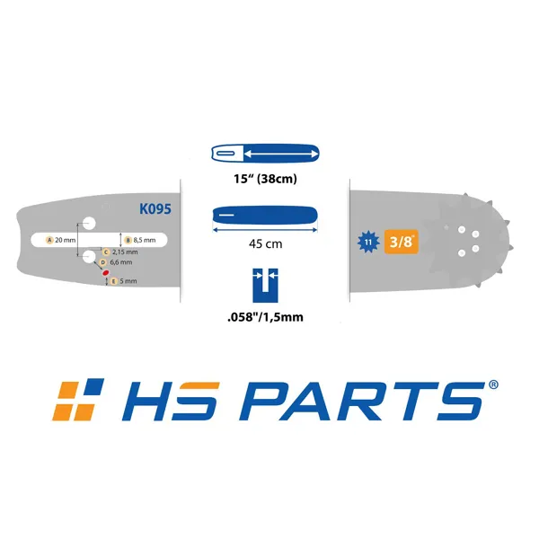 HS PARTS Führungsschiene 15" (38 cm) 3/8" .058" (1,5 mm) + 4 x Sägekette 56 Glieder Vierkantzahn für Husqvarna 51 55 154 254 257 357 359 455 560XP