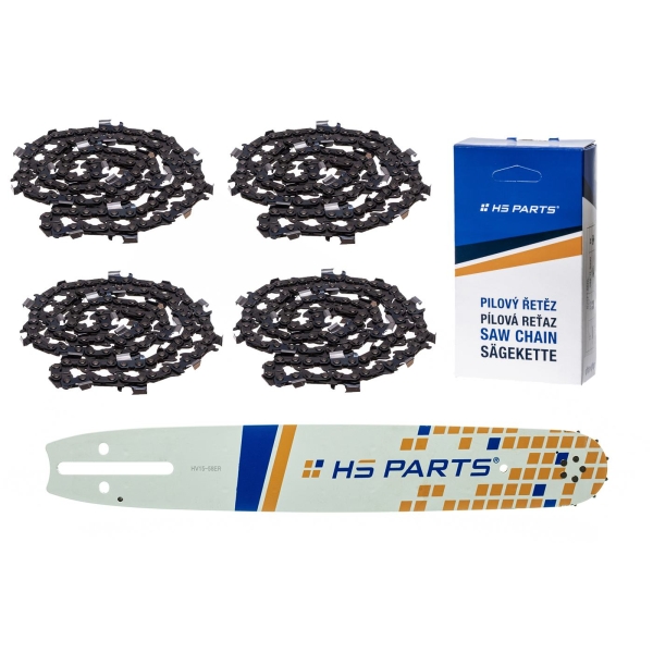 HS PARTS Führungsschiene 15" (38 cm) 3/8" .058" (1,5 mm) + 4 x Sägekette 56 Glieder Vierkantzahn für Husqvarna 61 66 266 268 362 365 372 372 XTorq 281 288 298 385 394 395 480 562 570 575