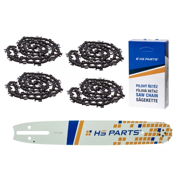 HS PARTS Führungsschiene 15" (38 cm) 3/8" .058" (1,5 mm) + 4 x Sägekette Längsschneiden 56 Glieder Rundzahn für Husqvarna 66 266 268 365 372XP 385 394 395 562XP 570 575 576XP 2100XP