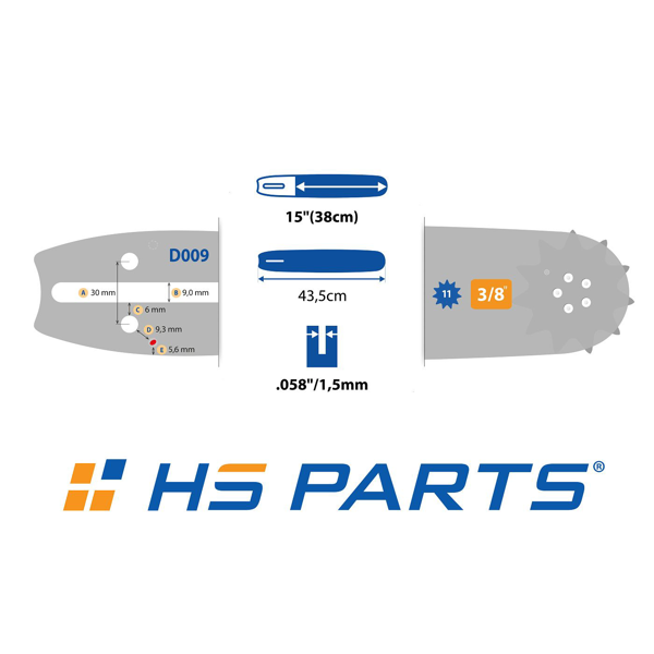 HS PARTS Führungsschiene 15" (38 cm) 3/8" .058" (1,5 mm) 56 DL für Husqvarna 61 66 266 268 272 365 372XP 281 298 380 385 585 Solo 665 670 681 Jonsered 2077 2171 Dolmar PS6400 Shindaiwa 285 577 Makita DCS6400 DCS7301