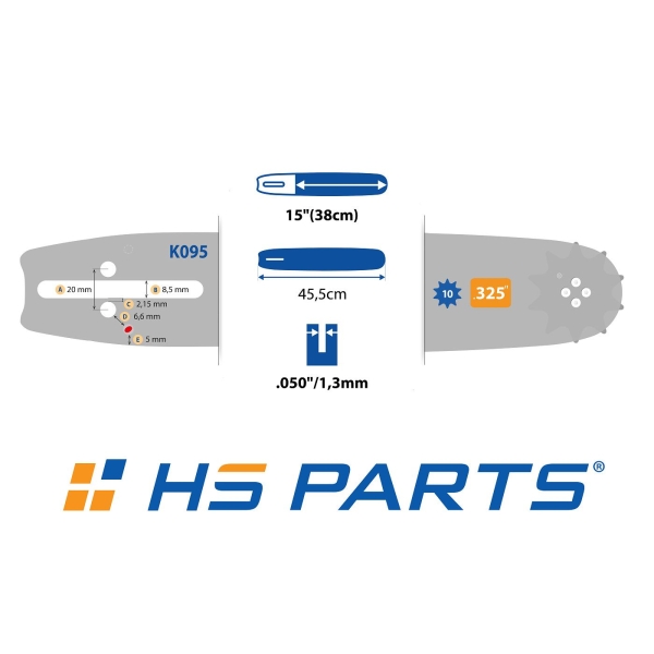 HS PARTS Führungsschiene 15" (38 cm) .325" .050" (1,3 mm) + 2 x Sägekette 64 Glieder Vierkantzahn für Husqvarna 36 55 136 154 257 262 346 357 435 445 460 Jonsered 2054 2152 2155 Dolmar 109 111 112 116 Solo 639 651 665
