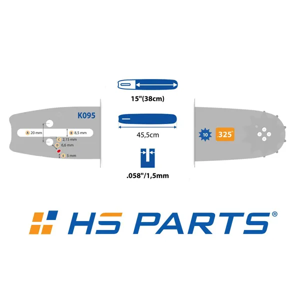 HS PARTS Führungsschiene 15" (38 cm) .325" .058" (1,5 mm) + 2 x Sägekette 64 Glieder Vierkantzahn für Husqvarna 36 45 55 136 254 262 345 346 357 435 445 460 Jonsered 2054 2152 2155 Dolmar 109 111 112 116 Solo 639 651 665