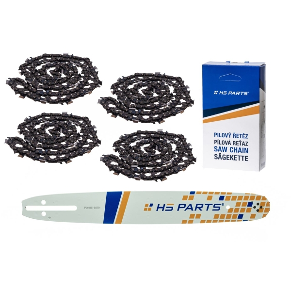 HS PARTS Führungsschiene 15" (38 cm) .325" .058" (1,5 mm) + 4 x Sägekette 64 Glieder Vierkantzahn für Husqvarna 36 55 136 154 257 262 346 357 435 445 460 Jonsered 2054 2152 2155 Dolmar 109 111 112 116 Solo 639 651 665