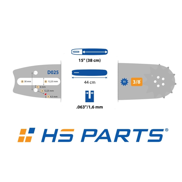 HS PARTS Führungsschiene 15" (38cm) 3/8" .063" (1,6 mm) + 56 Glieder Vierkantzahn + Ringkettenrad für Stihl 034 036 MS340 MS360