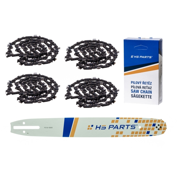 HS PARTS Führungsschiene 16" (40 cm) 3/8" .050" (1,3 mm) + 4 x Sägekette 56 Glieder Vierkantzahn für Partner 350 351 370 P420 Husqvarna T425 E16 E316 E321 Dolmar PS330 PS33 PS34 ES152 Homelite 3300 CS40 Solo 613 Oleomac GS35 GS350 931