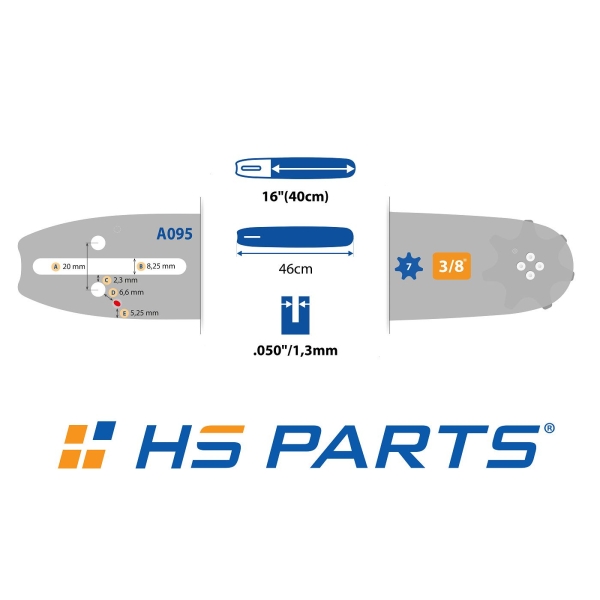 HS PARTS Führungsschiene 16" (40 cm) 3/8" .050" (1,3 mm) für Husqvarna 36 41 136 137 141 236 240 T435 335XPT 333 334 Jonsered 2035 2115 2117 2138 CS2234 CS2236T Solo 614 630 633 636
