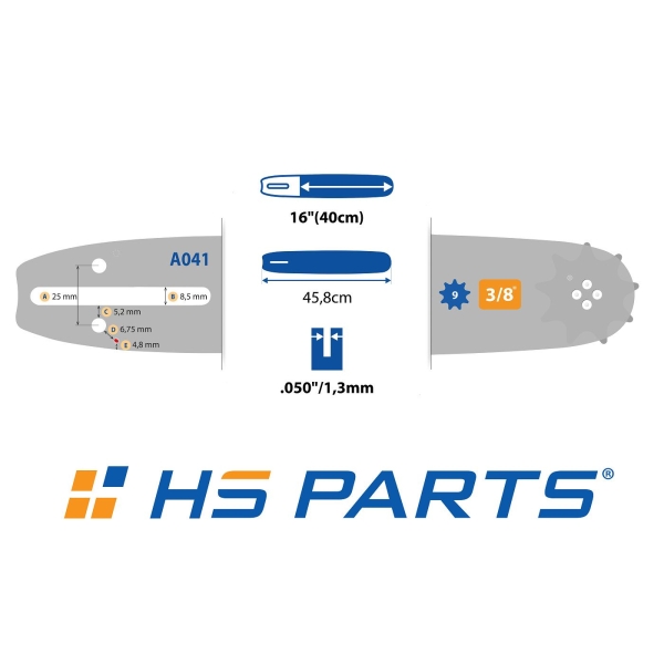 HS PARTS Führungsschiene 16" (40 cm) 3/8" .050" (1,3 mm) für Partner 350 351 370 P420 Husqvarna T425 E16 E316 E321 Dolmar PS330 PS33 PS34 ES152 Homelite 3300 CS40 Solo 613 Oleomac GS35 GS350 931