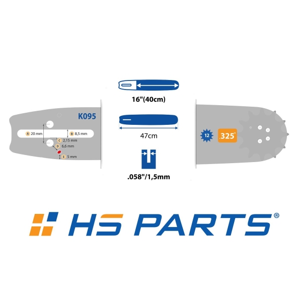 HS PARTS Führungsschiene 16" (40cm) .325" .058" (1.5mm) + Sägekette 66 Glieder Vierkantzahn Für Husqvarna 40 55 242 262 339XP 353 359 455 460 560XP EL1500
