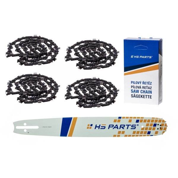 HS PARTS Führungsschiene 18" (45 cm) 3/8" .050" (1,3 mm) + 4 x Sägekette 64 Glieder Vierkantzahn für Husqvarna 51 55 346XP 353 357 359 455 460 560XP