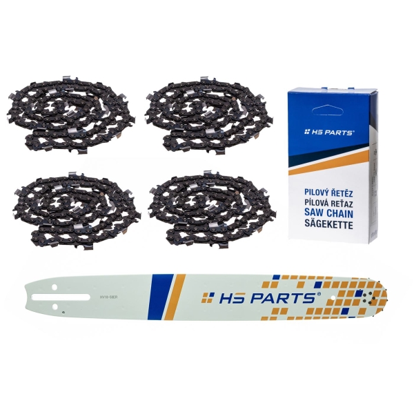 HS PARTS Führungsschiene 18" (45 cm) 3/8" .058" (1,5 mm) + 4 x Sägekette 68 Glieder Vierkantzahn für Husqvarna 61 66 266 268 362 365 372 372 XTorq 281 288 298 385 394 395 480 562 570 575