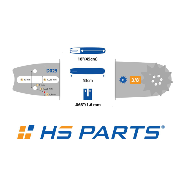 HS PARTS Führungsschiene 18" (45 cm) 3/8" .063" (1,6 mm) + Sägekette 66 Glieder Vierkantzahn + Ringkettenrad Stihl 064 066 MS660