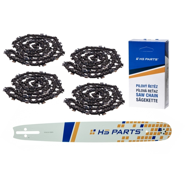 HS PARTS Führungsschiene 18" (45 cm) .325" .058" (1,5 mm) + 4 x Sägekette 72 Glieder Vierkantzahn für Husqvarna 40 55 242 254 262 339XP 353 357 359 T435 445 455 460 550 560XP