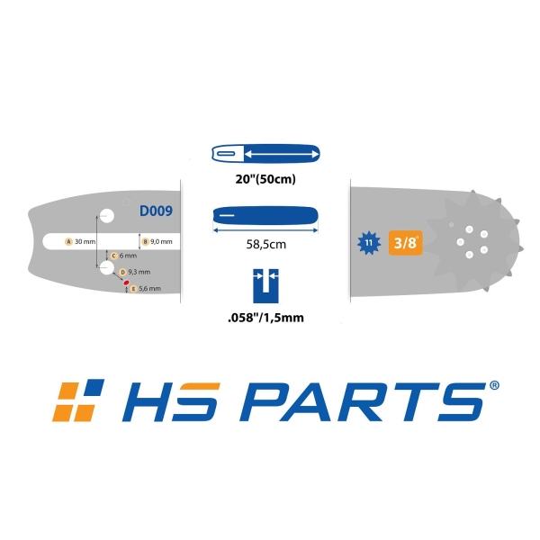HS PARTS Führungsschiene 20" (20 cm) 3/8" .058" (1,5 mm) + 2 x Sägekette 72 Glieder Rundzahn für die Herstellung von Platten passend Husqvarna 266 268 362 365 371 372XP 395 576XP