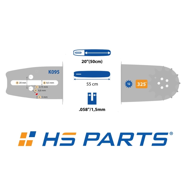 HS PARTS Führungsschiene 20" (50cm) .325" .058" (1.5mm) + Sägekette 76 Glieder Vierkantzahn Für Husqvarna 45 55 254 257 262 339XP 346 359 445 450 455 550 545 550XP