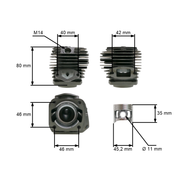 HS PARTS kompletter Zylinder mit 45,2 mm Kolben für chinesische Kettensägen und Hobbymarktsägen 58 cc