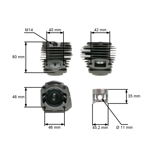 HS PARTS kompletter Zylinder mit 45,2 mm Kolben für chinesische Kettensägen und Hobbymarktsägen 58 cc