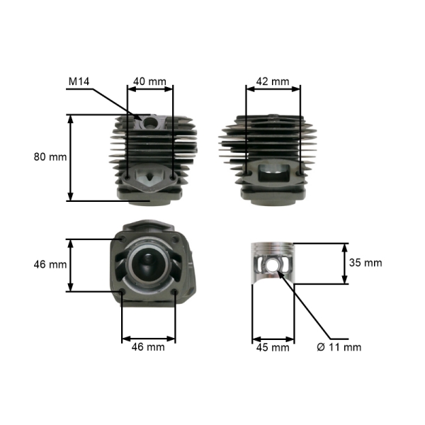 HS PARTS Kompletter Zylinder mit 45 mm Kolben für chinesische Kettensägen und Hobbymarktsägen mit 52 cm³ Hubraum