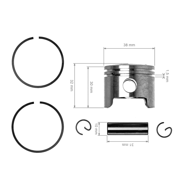 Kompletter Kolben für Freischneider Husqvarna 125RB 125RD 132R 132RB 132RJ 133R Jonsered GC2032 38 mm (OEM 531007839 531002376)