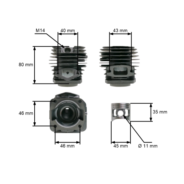 Kompletter Kolben und Zylinder für chinesische Kettensägen 52 ccm 45 mm Bizon Harder NAC Steel Victus