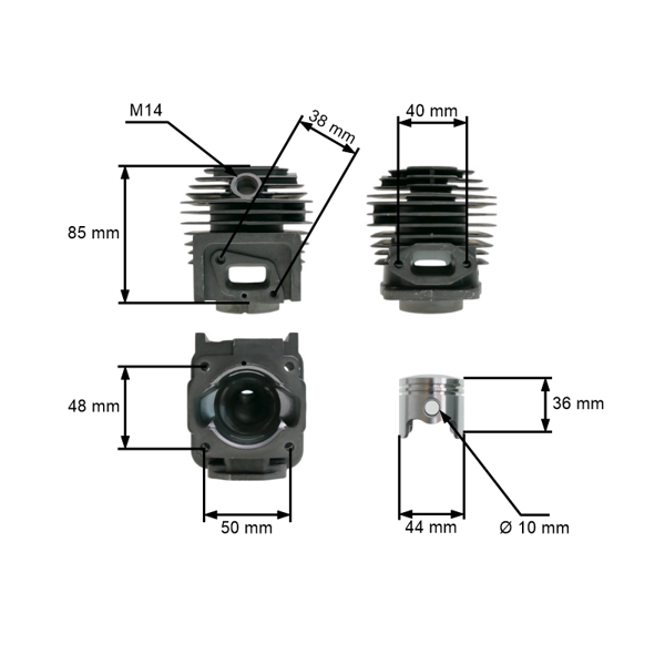 Kompletter Kolben und Zylinder für chinesische Motorsensen 52 ccm 44 mm Bizon Harder NAC Steel Victus