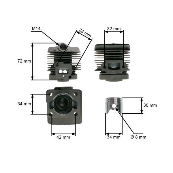 Kompletter Zylinder mit Kolben 34 mm für chinesische Freischneider und Freischneider aus dem Hobbymarkt mit 26 ccm Hubraum