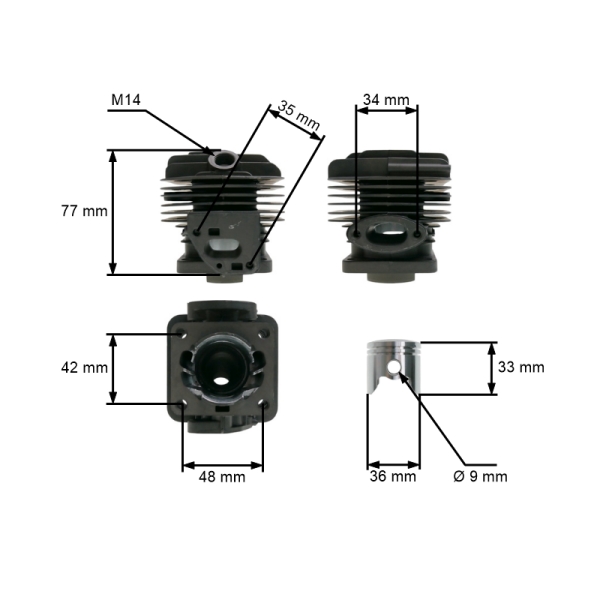 Kompletter Zylinder mit Kolben 36 mm für chinesische Motorsensen und Freischneider aus dem Hobbymarkt mit einem Hubraum von 32 ccm