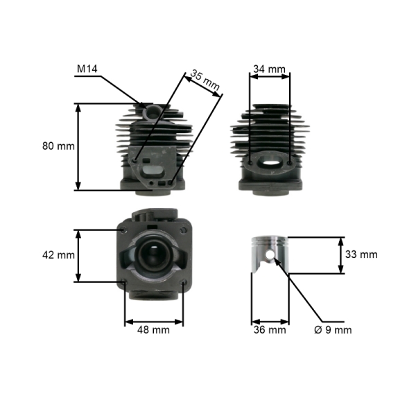 Kompletter Zylinder mit Kolben 36 mm Kolben für chinesische Motorsensen und Freischneider aus dem Hobbymarkt mit einem Hubraum von 32 ccm