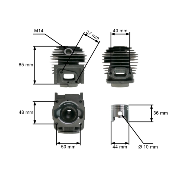 Kompletter Zylinder mit Kolben 44 mm für chinesische Motorsensen und Freischneider aus dem Hobbymarkt mit einem Hubraum von 52 ccm