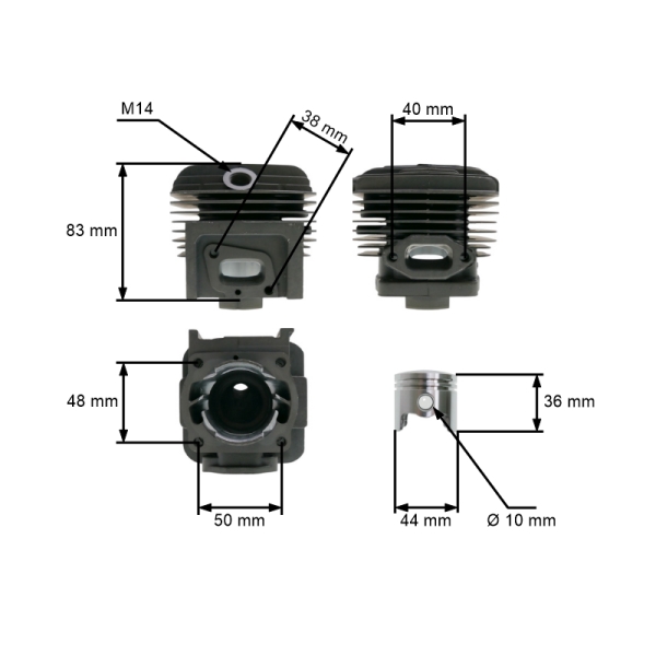Kompletter Zylinder mit Kolben 44 mm für chinesische Motorsensen und Freischneider aus dem Hobbymarkt mit einem Hubraum von 52 ccm