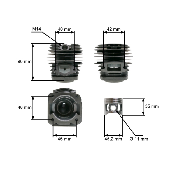 Kompletter Zylinder mit Kolben 45,2 mm für Chinasägen und Sägen aus dem Hobbymarkt mit einem Hubraum von 58 ccm