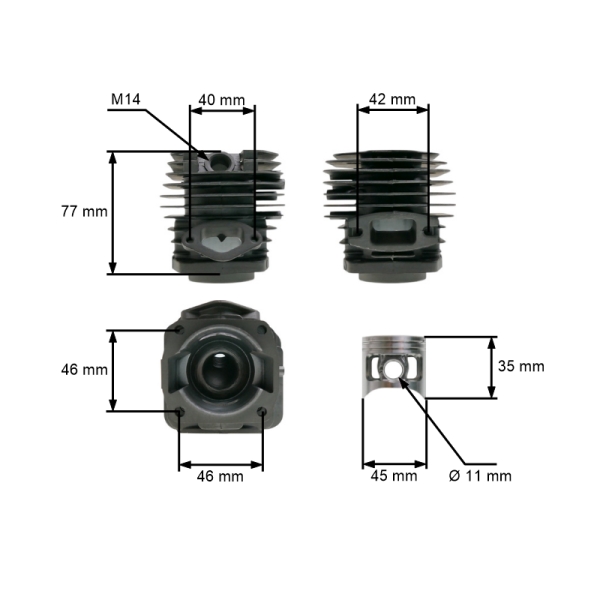 Kompletter Zylinder mit Kolben 45 mm für Chinasägen und Sägen aus dem Hobbymarkt mit einem Hubraum  45 ccm - 58 ccm