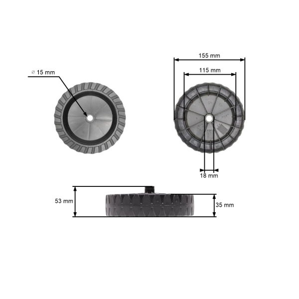 Kunststoffrad Elektromäher Alpina Stiga Castel Garden C350 C390 (OEM 1136-1612-01 122686087/0 22686082/0 122686085/0)