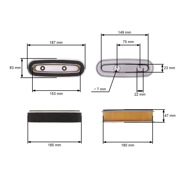 Luftfilter 185 mm x 47 mm für Honda GXV160 HR216 HRU216 HRA216 HRU216D HUT216 HRU19 (OEM 17211-ZE7-W03 17211-ZE7-W01 17211-ZE7-W02)