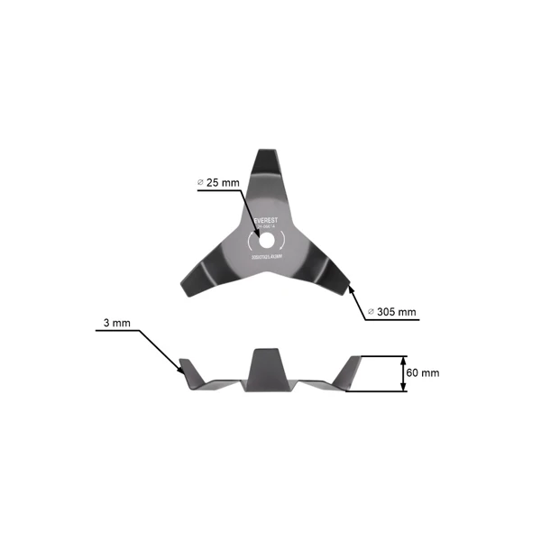 Mulchstahlklinge 3 Zähne Größe 305 mm x 25,4 mm x 3,0 mm für Freischneider und Motortrimmer
