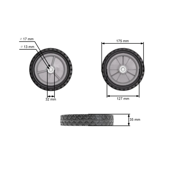 Universal Kunststoffrad mit Kugellager für Gartenmäher Durchmesser 175 mm Gummireifen