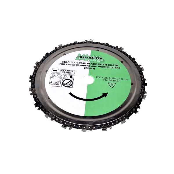 Universalsägeblatt Chainmaster 230 mm mit Untersetzung für Freischneider Stihl Husqvarna Partner Jonsered Oleomac Dolmar Makita Honda