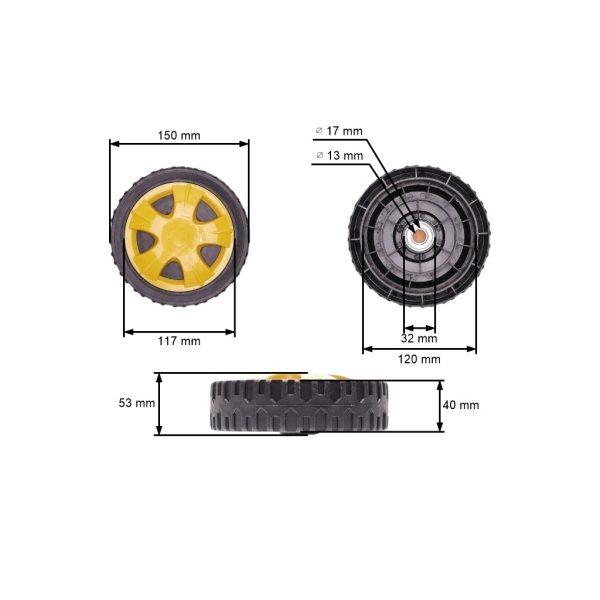 Universelles Kunststoffrad mit Kugellager für Gartenmäher Durchmesser 150 mm